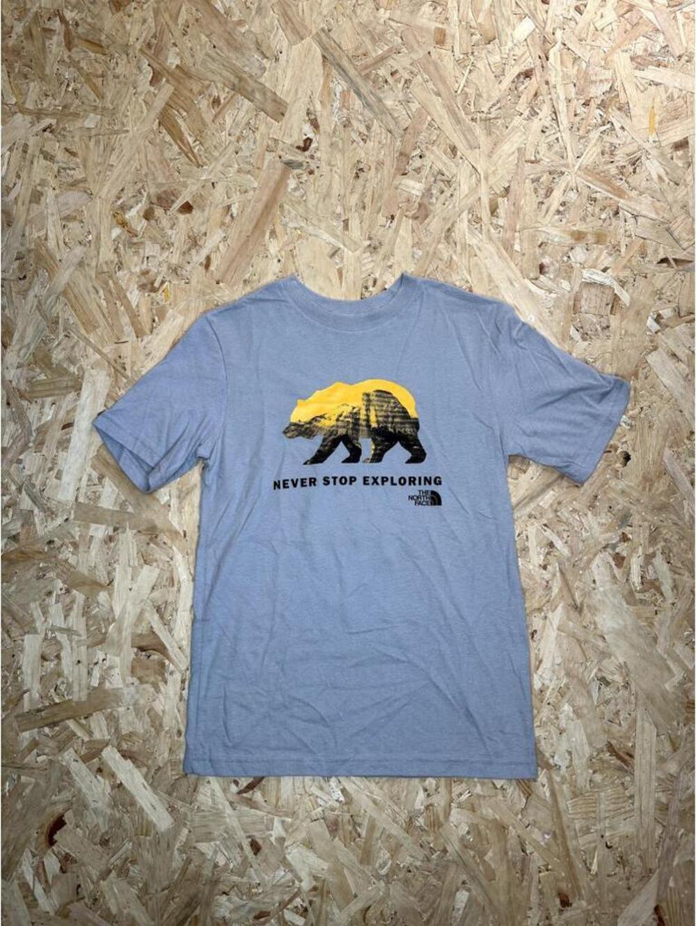 The North Face Boys Shirt Medium 10/12 Blue Never Stop Exploring Bear Graphic